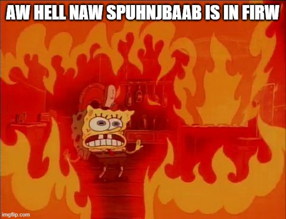 Burning Spongebob | AW HELL NAW SPUHNJBAAB IS IN FIRW | image tagged in burning spongebob | made w/ Imgflip meme maker