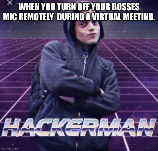 Hacker man | WHEN YOU TURN OFF YOUR BOSSES MIC REMOTELY  DURING A VIRTUAL MEETING. | image tagged in hacker man | made w/ Imgflip meme maker