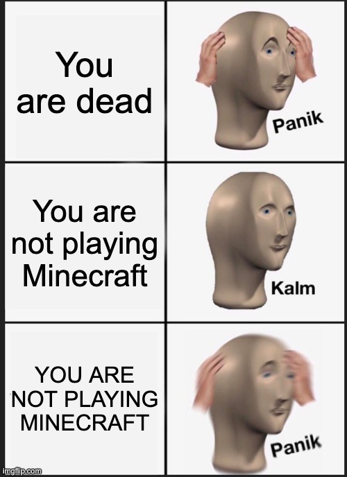 Panik Kalm Panik | You are dead; You are not playing Minecraft; YOU ARE NOT PLAYING MINECRAFT | image tagged in memes,panik kalm panik | made w/ Imgflip meme maker