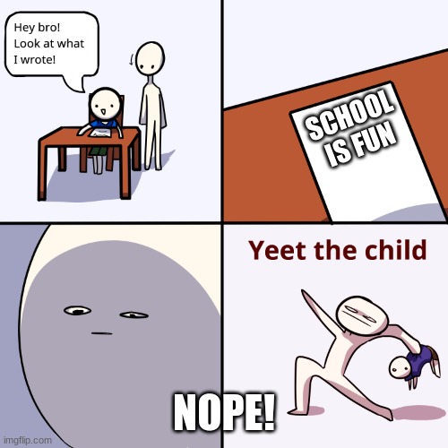 Yeet the child | SCHOOL IS FUN; NOPE! | image tagged in yeet the child | made w/ Imgflip meme maker