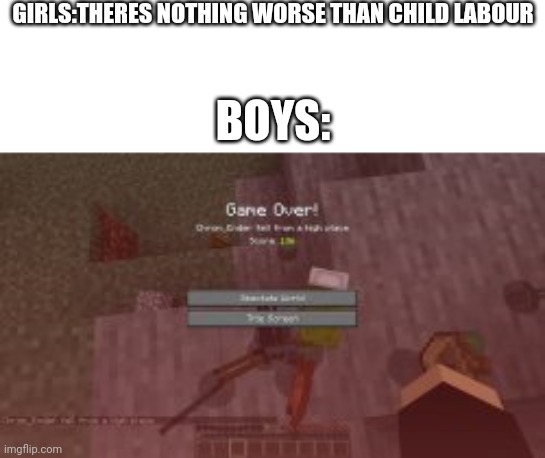 If u has bad vision it says [Chrom_Ender fell from a high place] | GIRLS:THERES NOTHING WORSE THAN CHILD LABOUR; BOYS: | made w/ Imgflip meme maker