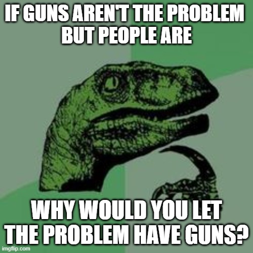 Time raptor  | IF GUNS AREN'T THE PROBLEM 
BUT PEOPLE ARE; WHY WOULD YOU LET THE PROBLEM HAVE GUNS? | image tagged in time raptor | made w/ Imgflip meme maker