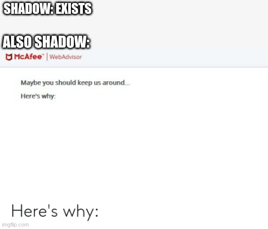 lol | SHADOW: EXISTS; ALSO SHADOW: | image tagged in shadow,mcafee,heres why | made w/ Imgflip meme maker