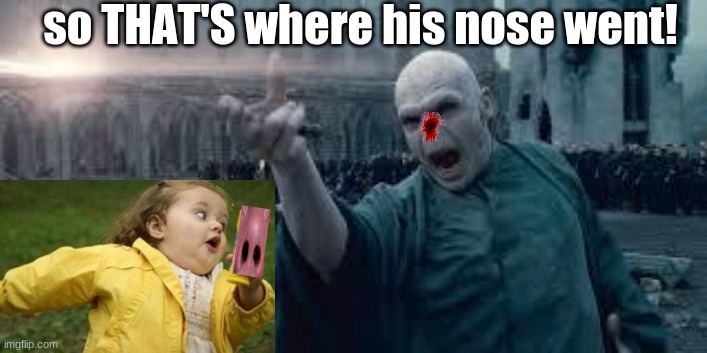 so THAT'S where his nose went! | so THAT'S where his nose went! | image tagged in voldemort,nose,little girl running away | made w/ Imgflip meme maker