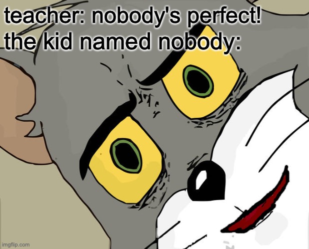 Nobody's perfect | teacher: nobody's perfect! the kid named nobody: | image tagged in memes,unsettled tom | made w/ Imgflip meme maker