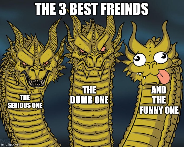 Three-headed Dragon | THE 3 BEST FREINDS; THE DUMB ONE; AND THE FUNNY ONE; THE SERIOUS ONE | image tagged in three-headed dragon | made w/ Imgflip meme maker