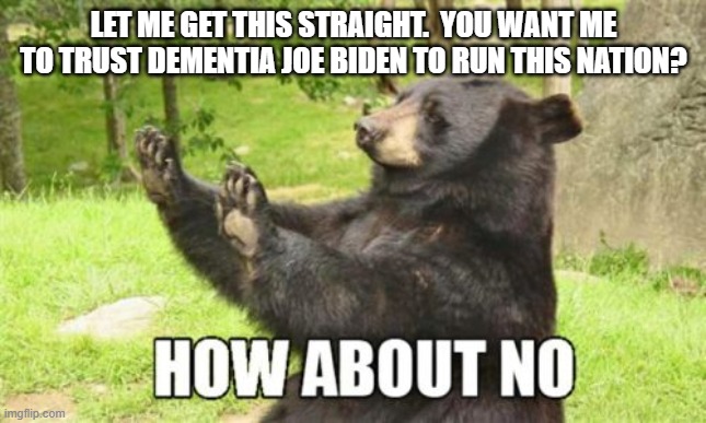 When even a bear has got more common sense than the average Democrat. | LET ME GET THIS STRAIGHT.  YOU WANT ME TO TRUST DEMENTIA JOE BIDEN TO RUN THIS NATION? | image tagged in memes,how about no bear | made w/ Imgflip meme maker