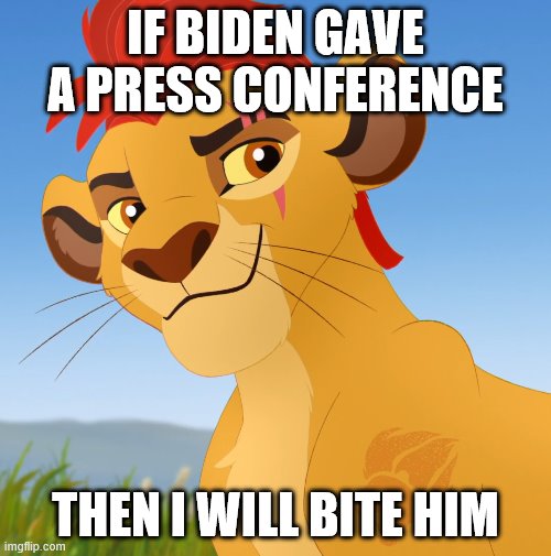 Kion | IF BIDEN GAVE A PRESS CONFERENCE; THEN I WILL BITE HIM | image tagged in kion | made w/ Imgflip meme maker