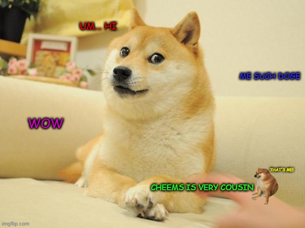 Interview with Doge #1 | UM... HI; ME SUCH DOGE; WOW; THAT'S ME! CHEEMS IS VERY COUSIN | image tagged in memes,doge 2 | made w/ Imgflip meme maker