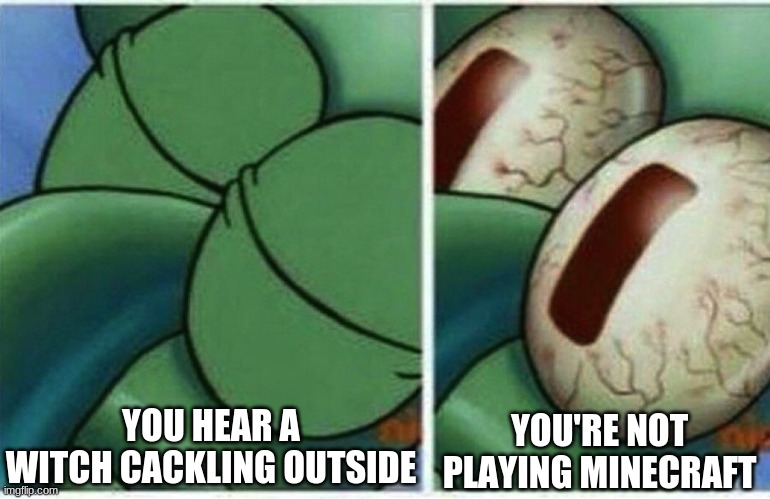 Squidward | YOU HEAR A WITCH CACKLING OUTSIDE YOU'RE NOT PLAYING MINECRAFT | image tagged in squidward | made w/ Imgflip meme maker