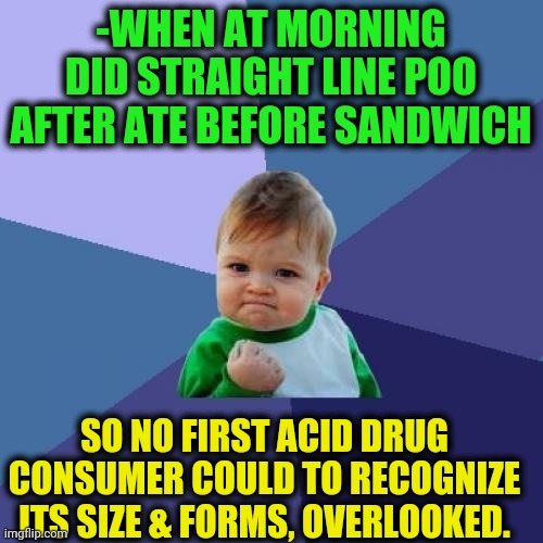 -Each in relax. | -WHEN AT MORNING DID STRAIGHT LINE POO AFTER ATE BEFORE SANDWICH; SO NO FIRST ACID DRUG CONSUMER COULD TO RECOGNIZE ITS SIZE & FORMS, OVERLOOKED. | image tagged in memes,success kid,poop,straight outta,fifth element,acid | made w/ Imgflip meme maker
