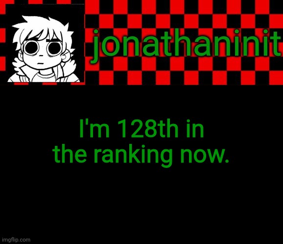 Yay | I'm 128th in the ranking now. | image tagged in jonathaninit template but the pfp is my favorite character | made w/ Imgflip meme maker