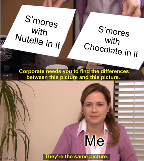 Nutella and chocolate S’mores | S’mores with Nutella in it; S’mores with Chocolate in it; Me | image tagged in memes,they're the same picture | made w/ Imgflip meme maker