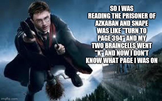 ;D | SO I WAS READING THE PRISONER OF AZKABAN AND SNAPE WAS LIKE "TURN TO PAGE 394" AND MY TWO BRAINCELLS WENT "K" AND NOW I DON'T KNOW WHAT PAGE I WAS ON | image tagged in harry potter flying | made w/ Imgflip meme maker