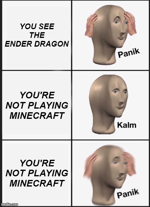 Panik Kalm Panik | YOU SEE THE ENDER DRAGON; YOU'RE NOT PLAYING MINECRAFT; YOU'RE NOT PLAYING MINECRAFT | image tagged in memes,panik kalm panik,minecraft | made w/ Imgflip meme maker