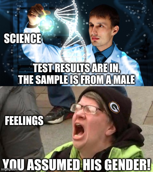 With a blood sample, a doctor can determine gender | SCIENCE; TEST RESULTS ARE IN, THE SAMPLE IS FROM A MALE; FEELINGS; YOU ASSUMED HIS GENDER! | image tagged in dna,screaming protester | made w/ Imgflip meme maker