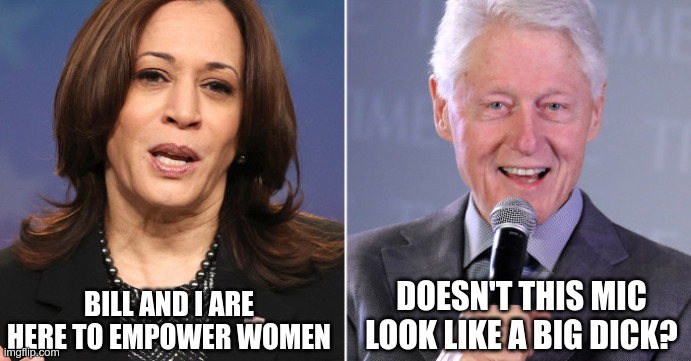 In Today's News | DOESN'T THIS MIC LOOK LIKE A BIG DICK? BILL AND I ARE HERE TO EMPOWER WOMEN | image tagged in bill clinton,harris,different ends | made w/ Imgflip meme maker