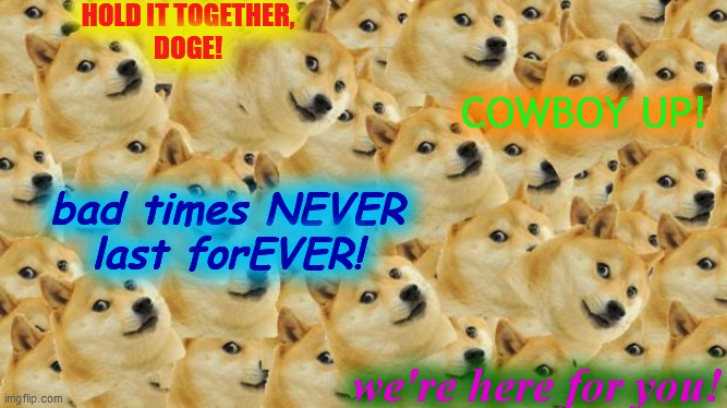 Multi Doge Meme | HOLD IT TOGETHER,
DOGE! we're here for you! bad times NEVER
last forEVER! COWBOY UP! | image tagged in memes,multi doge | made w/ Imgflip meme maker