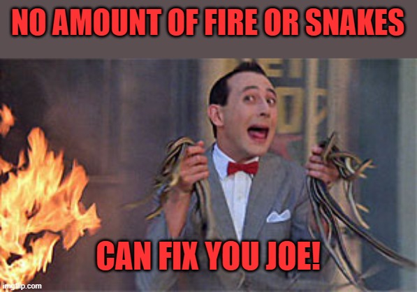 Pee Wee Herman rescue | NO AMOUNT OF FIRE OR SNAKES CAN FIX YOU JOE! | image tagged in pee wee herman rescue | made w/ Imgflip meme maker