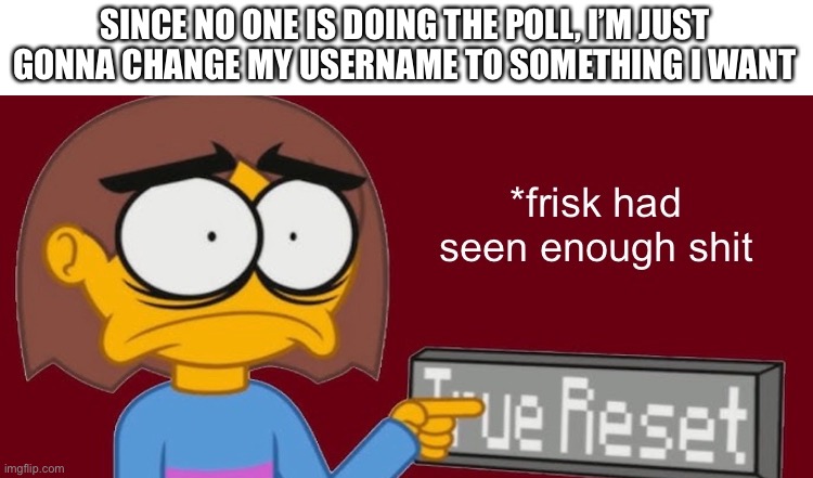 E | SINCE NO ONE IS DOING THE POLL, I’M JUST GONNA CHANGE MY USERNAME TO SOMETHING I WANT | image tagged in frisk had seen enough | made w/ Imgflip meme maker