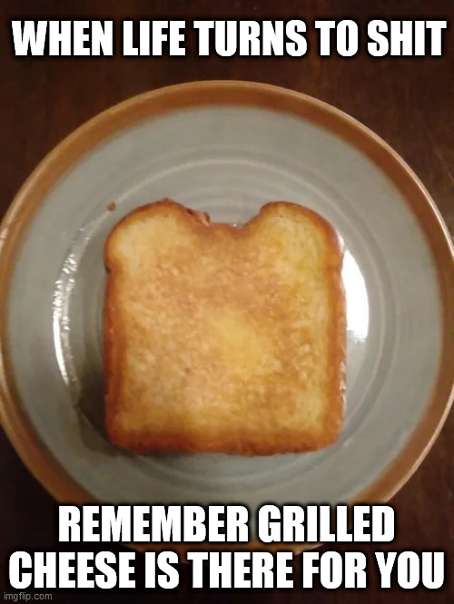 Comfort | WHEN LIFE TURNS TO SHIT; REMEMBER GRILLED CHEESE IS THERE FOR YOU | image tagged in comfort | made w/ Imgflip meme maker