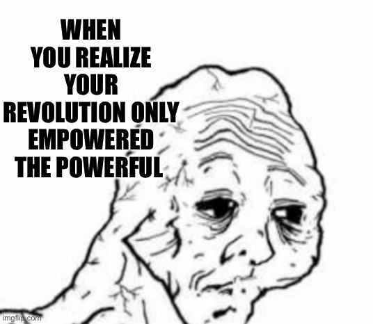 Fighting the Power | WHEN YOU REALIZE YOUR REVOLUTION ONLY EMPOWERED THE POWERFUL | image tagged in miserable wojak,Anarcho_Capitalism | made w/ Imgflip meme maker