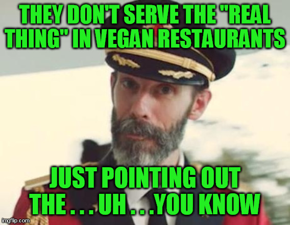 Captain Obvious | THEY DON'T SERVE THE "REAL THING" IN VEGAN RESTAURANTS JUST POINTING OUT THE . . . UH . . .YOU KNOW | image tagged in captain obvious | made w/ Imgflip meme maker