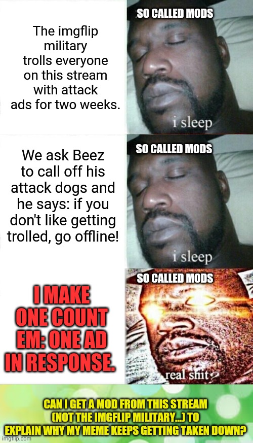 Really Beez? NOW'S when you're gonna cry about trolling? | SO CALLED MODS; The imgflip military trolls everyone on this stream with attack ads for two weeks. We ask Beez to call off his attack dogs and he says: if you don't like getting trolled, go offline! SO CALLED MODS; SO CALLED MODS; I MAKE ONE COUNT EM: ONE AD IN RESPONSE. CAN I GET A MOD FROM THIS STREAM (NOT THE IMGFLIP MILITARY...) TO EXPLAIN WHY MY MEME KEEPS GETTING TAKEN DOWN? | image tagged in memes,sleeping shaq,green background,imgflip mods,whats good for the goose | made w/ Imgflip meme maker