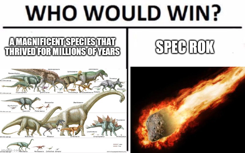 Did I go too far in the misspelling that I made you think 'Speck' rok? | A MAGNIFICENT SPECIES THAT THRIVED FOR MILLIONS OF YEARS; SPEC ROK | image tagged in who would win,dinosaurs,asteroid | made w/ Imgflip meme maker