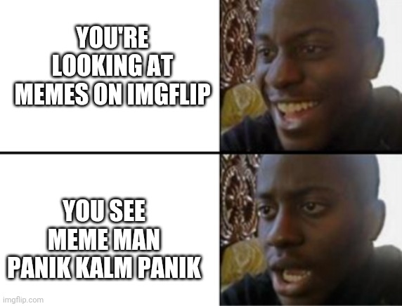 Plz tell me I'm not the only one | YOU'RE LOOKING AT MEMES ON IMGFLIP; YOU SEE MEME MAN PANIK KALM PANIK | image tagged in oh yeah oh no | made w/ Imgflip meme maker