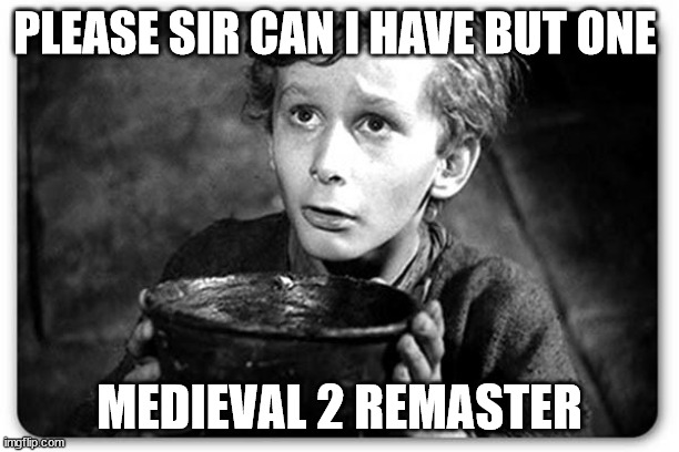 Beggar | PLEASE SIR CAN I HAVE BUT ONE; MEDIEVAL 2 REMASTER | image tagged in beggar | made w/ Imgflip meme maker