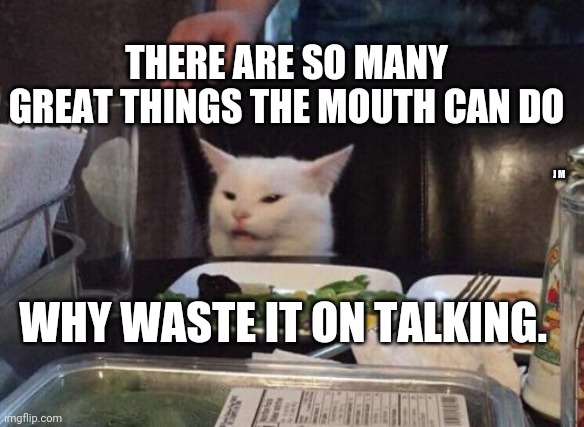 Salad cat | THERE ARE SO MANY GREAT THINGS THE MOUTH CAN DO; J M; WHY WASTE IT ON TALKING. | image tagged in salad cat | made w/ Imgflip meme maker