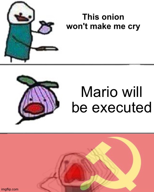 This onion won't make me cry (communist) | Mario will be executed | image tagged in this onion won't make me cry communist | made w/ Imgflip meme maker