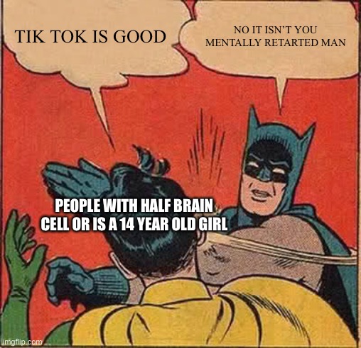 Tik tjj | TIK TOK IS GOOD; NO IT ISN’T YOU MENTALLY RETARTED MAN; PEOPLE WITH HALF BRAIN CELL OR IS A 14 YEAR OLD GIRL | image tagged in memes,batman slapping robin | made w/ Imgflip meme maker