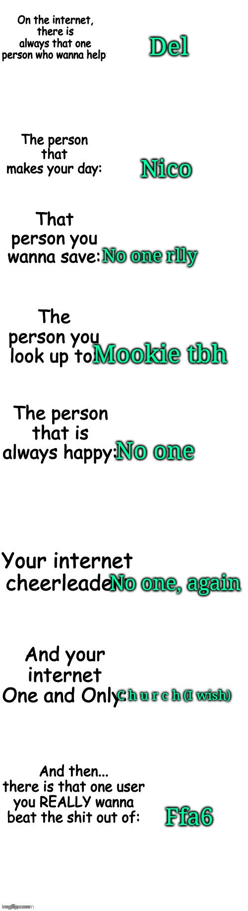 People on the internet | Del; Nico; No one rlly; Mookie tbh; No one; No one, again; C h u r c h (I wish); Ffa6 | image tagged in people on the internet | made w/ Imgflip meme maker
