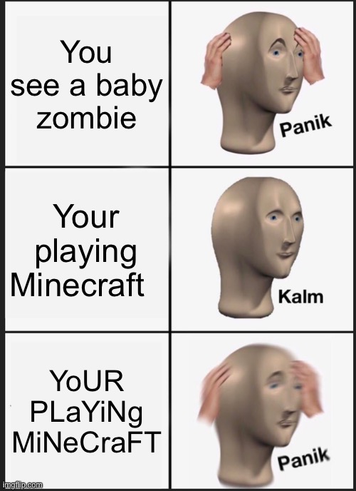 Baby zombie= death | You see a baby zombie; Your playing Minecraft; YoUR PLaYiNg MiNeCraFT | image tagged in memes,panik kalm panik | made w/ Imgflip meme maker