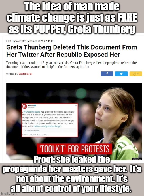 It's all fake | The idea of man made climate change is just as FAKE as its PUPPET, Greta Thunberg; Proof: she leaked the propaganda her masters gave her.  It's not about the environment. It's all about control of your lifestyle. | image tagged in climate change,ecofascist greta thunberg,greta thunberg | made w/ Imgflip meme maker