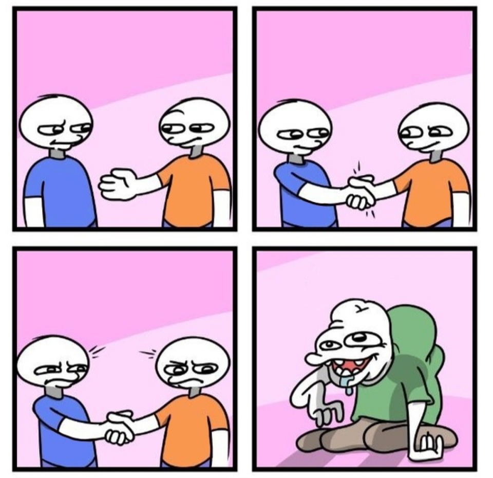 2 people handshake and stare at deformed man Blank Meme Template