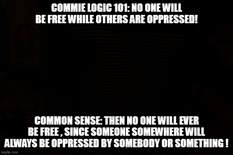 Silly leftists and their laughable attempts at original thought! | COMMIE LOGIC 101: NO ONE WILL BE FREE WHILE OTHERS ARE OPPRESSED! COMMON SENSE: THEN NO ONE WILL EVER BE FREE , SINCE SOMEONE SOMEWHERE WILL ALWAYS BE OPPRESSED BY SOMEBODY OR SOMETHING ! | image tagged in leftists,logic | made w/ Imgflip meme maker