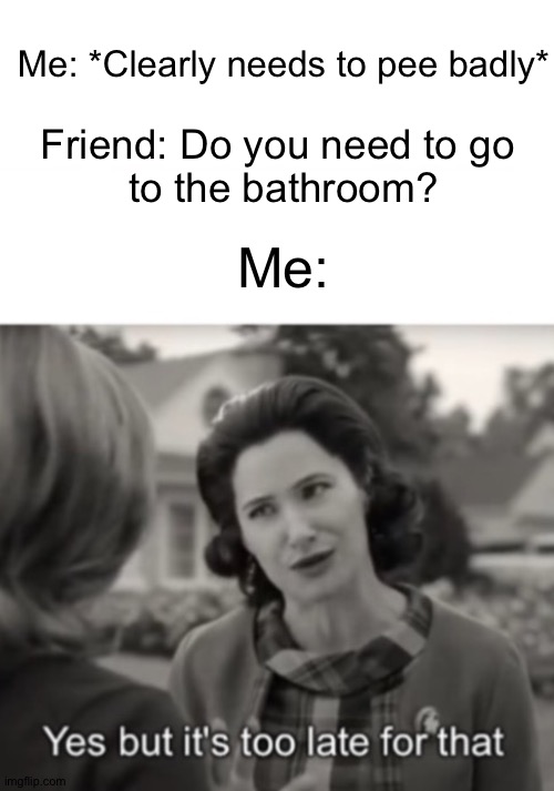 Yes but it's too late for that. | Me: *Clearly needs to pee badly*; Friend: Do you need to go 
to the bathroom? Me: | image tagged in yes but it's too late for that | made w/ Imgflip meme maker