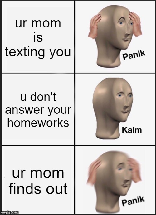 Help | ur mom is texting you; u don't answer your homeworks; ur mom finds out | image tagged in memes,panik kalm panik | made w/ Imgflip meme maker