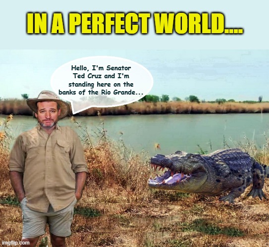 Ted Cruz - Conspiracy Hunter.... | IN A PERFECT WORLD.... Hello, I'm Senator Ted Cruz and I'm standing here on the banks of the Rio Grande... | image tagged in ted cruz,the lowest scum in history,moron | made w/ Imgflip meme maker
