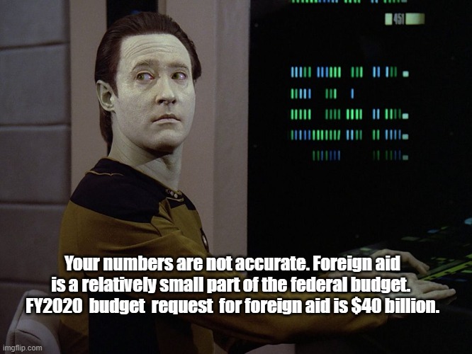 Data-Computer | Your numbers are not accurate. Foreign aid is a relatively small part of the federal budget.  FY2020  budget  request  for foreign aid is $4 | image tagged in data-computer | made w/ Imgflip meme maker