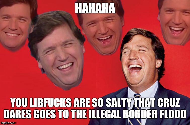 Tucker laughs at libs | HAHAHA YOU LIBFUCKS ARE SO SALTY THAT CRUZ DARES GOES TO THE ILLEGAL BORDER FLOOD | image tagged in tucker laughs at libs | made w/ Imgflip meme maker
