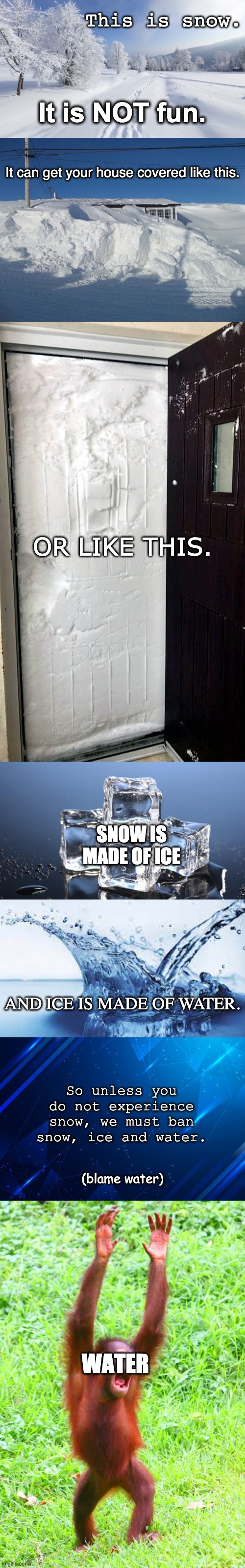Blame Water | This is snow. It is NOT fun. It can get your house covered like this. OR LIKE THIS. SNOW IS MADE OF ICE; AND ICE IS MADE OF WATER. So unless you do not experience snow, we must ban snow, ice and water. (blame water); WATER | image tagged in memes,snow,ice,water,ban | made w/ Imgflip meme maker