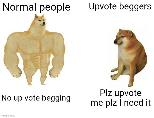 true | Normal people; Upvote beggers; No up vote begging; Plz upvote me plz I need it | image tagged in memes,buff doge vs cheems | made w/ Imgflip meme maker
