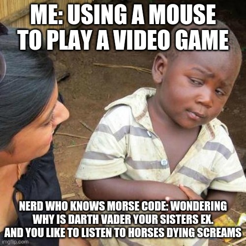 Third World Skeptical Kid | ME: USING A MOUSE TO PLAY A VIDEO GAME; NERD WHO KNOWS MORSE CODE: WONDERING WHY IS DARTH VADER YOUR SISTERS EX. AND YOU LIKE TO LISTEN TO HORSES DYING SCREAMS | image tagged in memes,third world skeptical kid | made w/ Imgflip meme maker