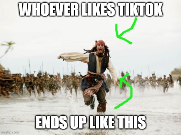 Jack Sparrow Being Chased | WHOEVER LIKES TIKTOK; ENDS UP LIKE THIS | image tagged in memes,jack sparrow being chased | made w/ Imgflip meme maker