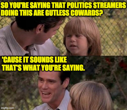 That's Just Something X Say Meme | SO YOU'RE SAYING THAT POLITICS STREAMERS
DOING THIS ARE GUTLESS COWARDS? 'CAUSE IT SOUNDS LIKE THAT'S WHAT YOU'RE SAYING. | image tagged in memes,that's just something x say | made w/ Imgflip meme maker