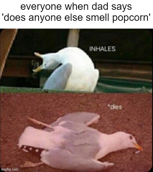 tf is that smell | everyone when dad says 'does anyone else smell popcorn' | image tagged in inhales dies bird,memes | made w/ Imgflip meme maker